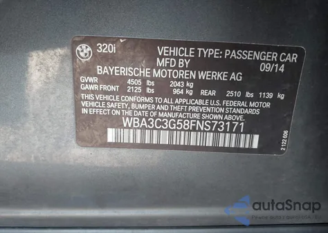 2015 BMW 320I xDrive из США, поврежденный, VIN WBA3C3G58FNS73171